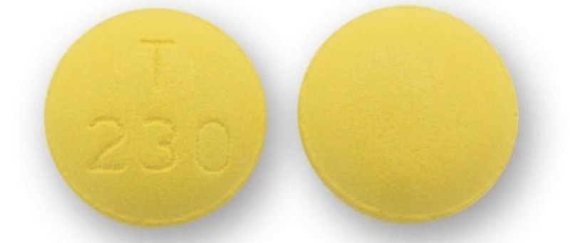 A round yellow pill marked with the imprint 230 is most commonly identified as naproxen 500 mg