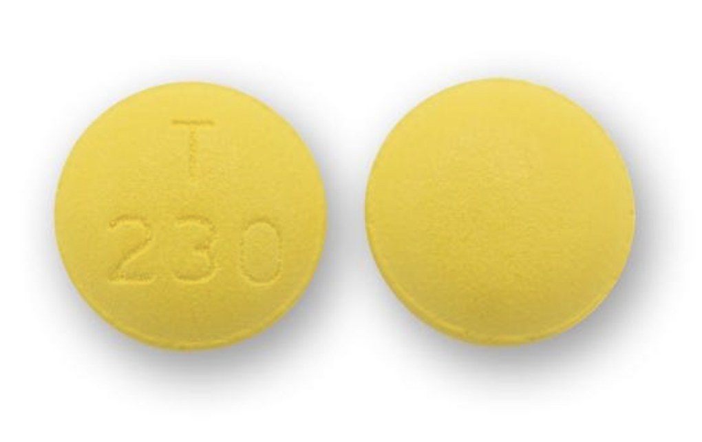 A round yellow pill marked with the imprint 230 is most commonly identified as naproxen 500 mg